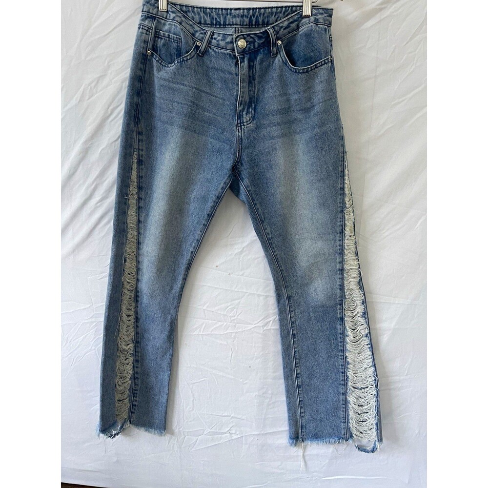 SHEIN Women's Blue Light Wash Distressed Straight Jeans 5-Pocket Zip L